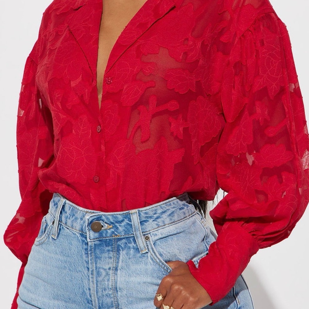 Fashion Nova Vibrant Red Sheer Blouse